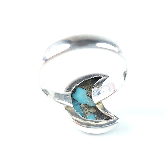 Sterling Silver Turquoise and Pyrite Crescent Moon Ring Size 7 - Picture 13 of 16